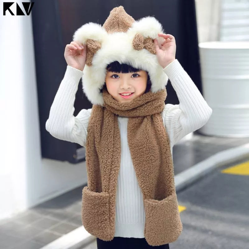 Winter Wonderland Plush Hooded Scarf with Bear Ears and Built-in Mitten Pockets