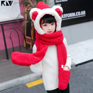 Winter Wonderland Plush Hooded Scarf with Bear Ears and Built-in Mitten Pockets