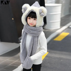 Winter Wonderland Plush Hooded Scarf with Bear Ears and Built-in Mitten Pockets