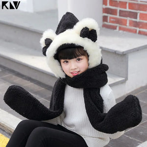 Winter Wonderland Plush Hooded Scarf with Bear Ears and Built-in Mitten Pockets