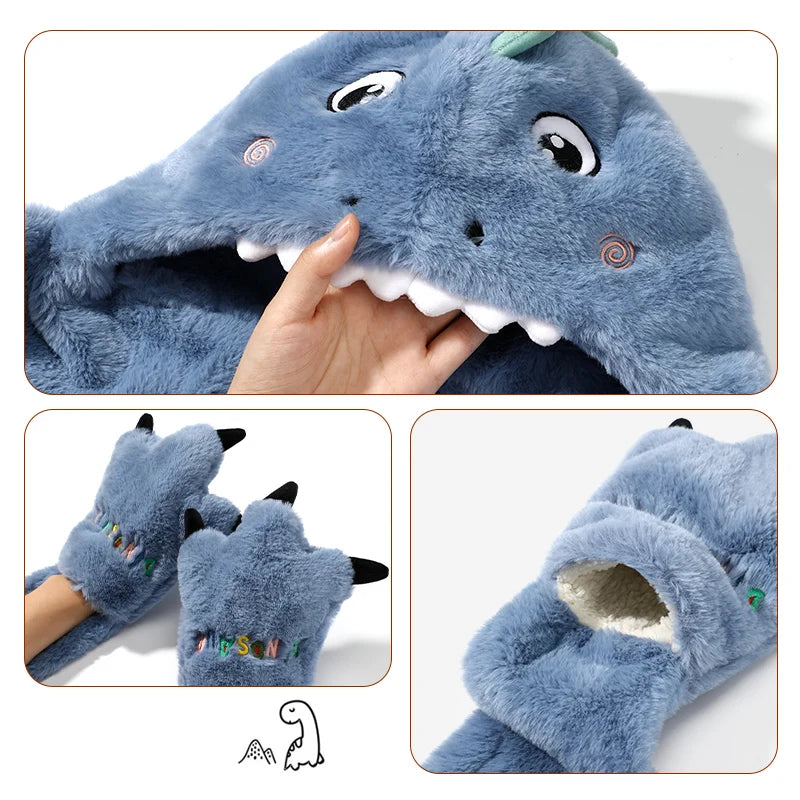 Children's Winter Hat Cartoon Dinosaur Plush Scarf Hat