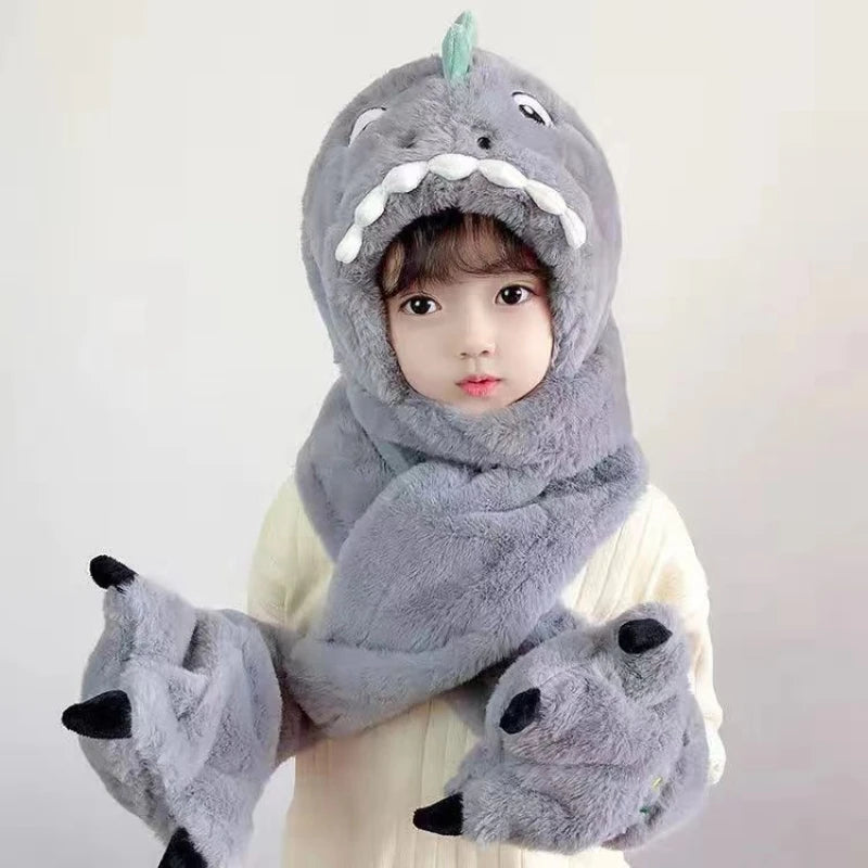 Children's Winter Hat Cartoon Dinosaur Plush Scarf Hat