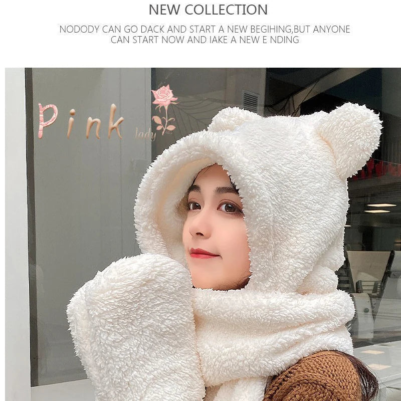 Winter Novelty Beanies Caps Warm Bear Ear Hat Plush Hat Scarf