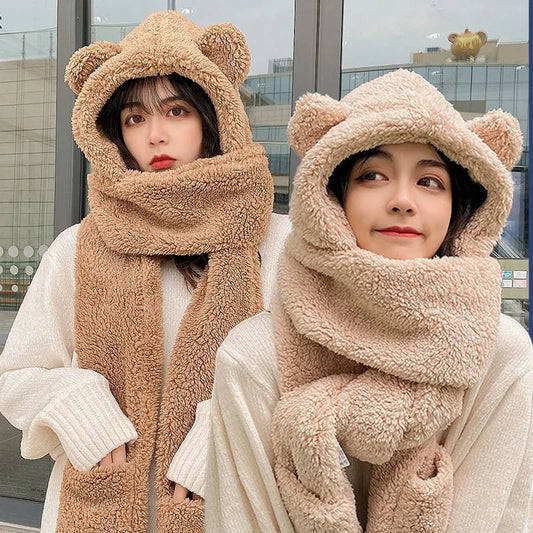 Winter Novelty Beanies Caps Warm Bear Ear Hat Plush Hat Scarf