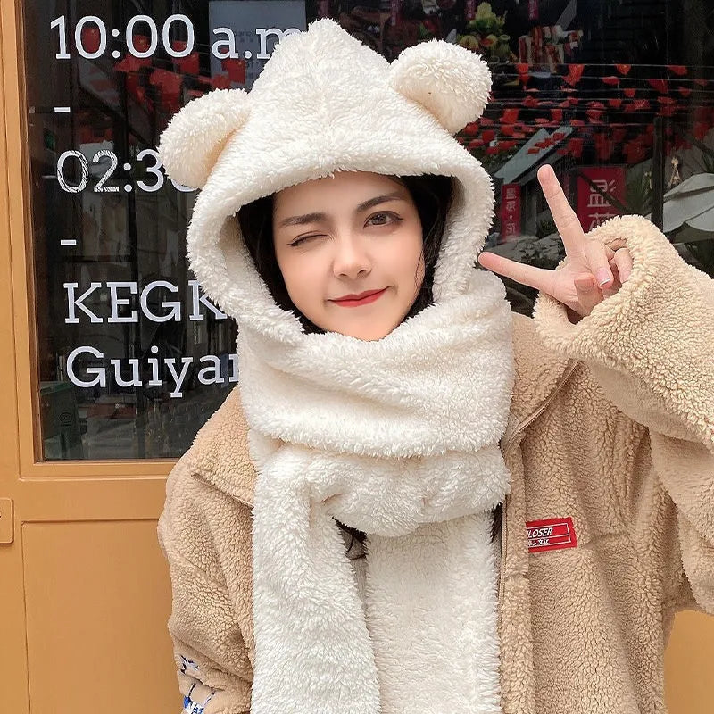 Winter Novelty Beanies Caps Warm Bear Ear Hat Plush Hat Scarf