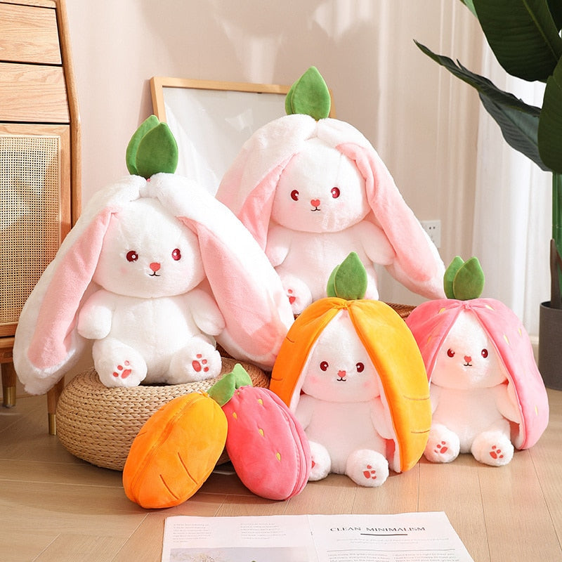 35cm Creative Funny Doll Carrot Rabbit Plush Toy Stuffed Soft Bunny Hiding in Strawberry Bag Toys for Kids Girls