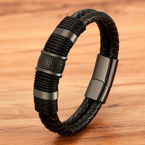 Woven Leather Rope Wrapping Stainless Steel Leather Bracelets