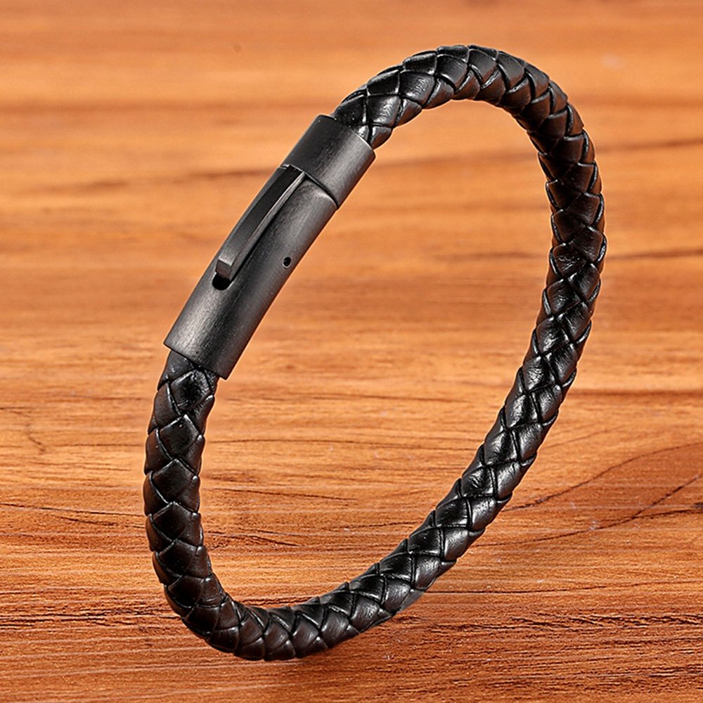 Classic Style Men Leather Bracelet Simple Black Stainless Steel