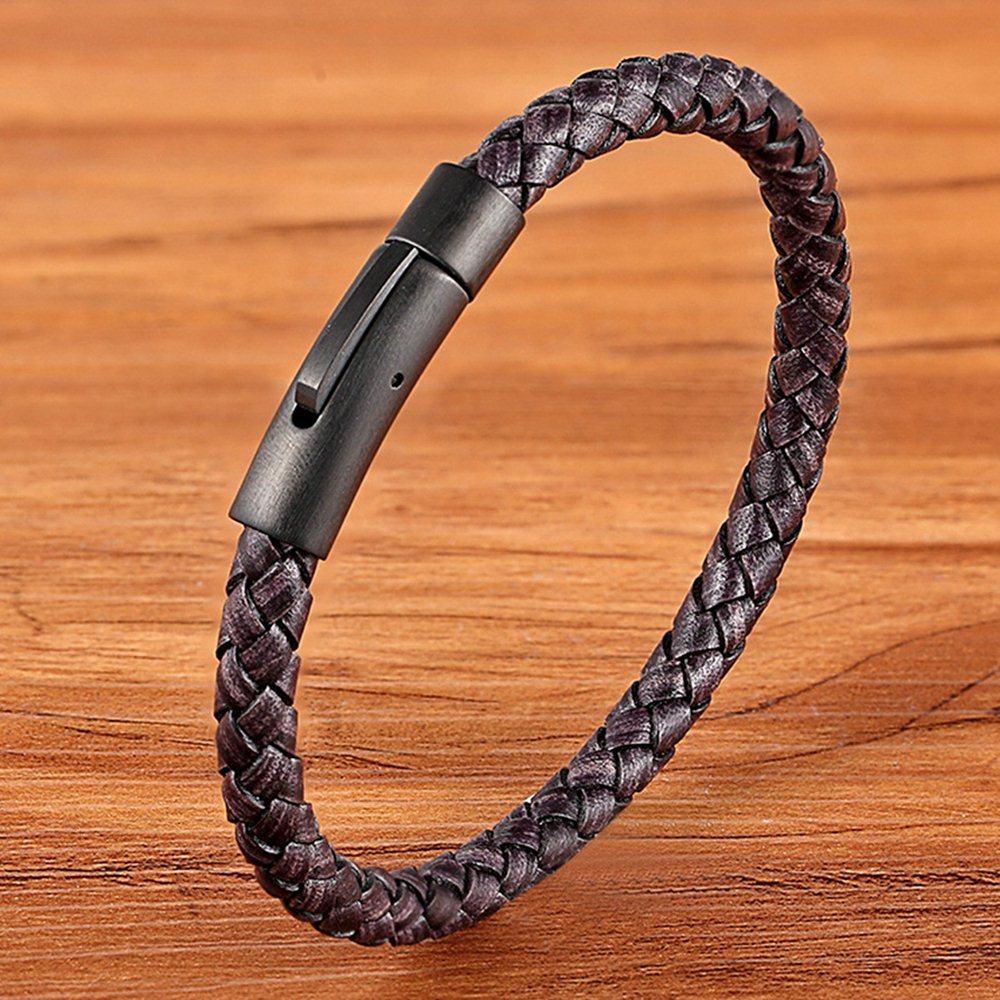 Classic Style Men Leather Bracelet Simple Black Stainless Steel