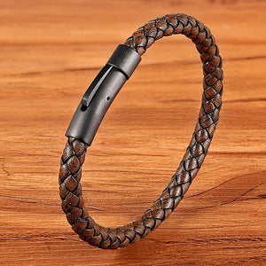 Classic Style Men Leather Bracelet Simple Black Stainless Steel