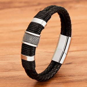 Woven Leather Rope Wrapping Stainless Steel Leather Bracelets