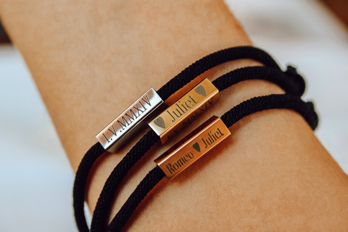 Custom Engraved Magnetic Couple Bracelets - 2 x Black - Bracelets - Rose-Gold + Silver