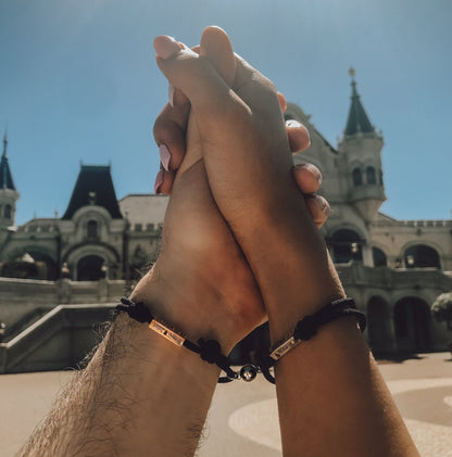 Custom Engraved Magnetic Couple Bracelets - 2 x Black - Bracelets - Rose-Gold + Silver