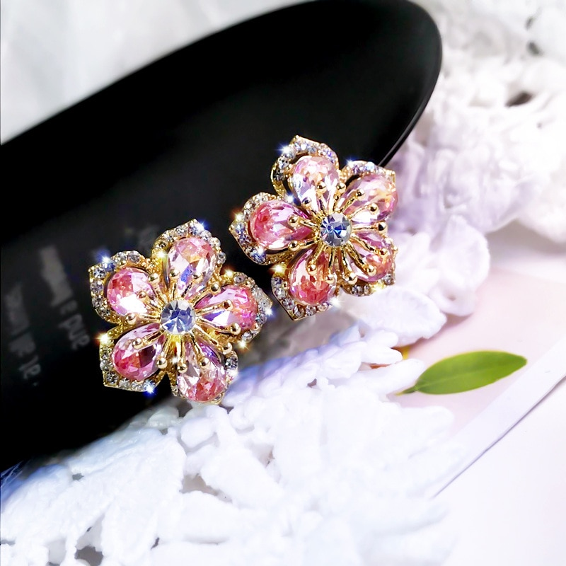 Pink Crystal Flower Stud Earrings,Crystal Stud Earrings